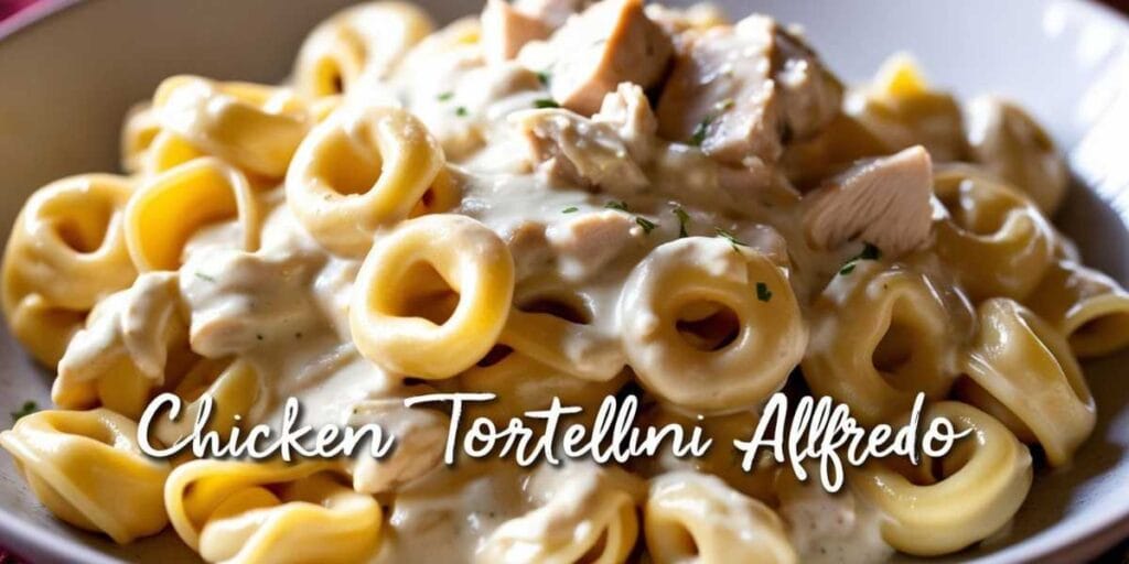 A creamy Chicken Tortellini Alfredo served with a garnish of parsley and parmesan.