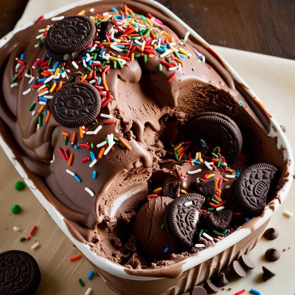 A tub of chocolate malt ice cream with toppings like sprinkles and cookies