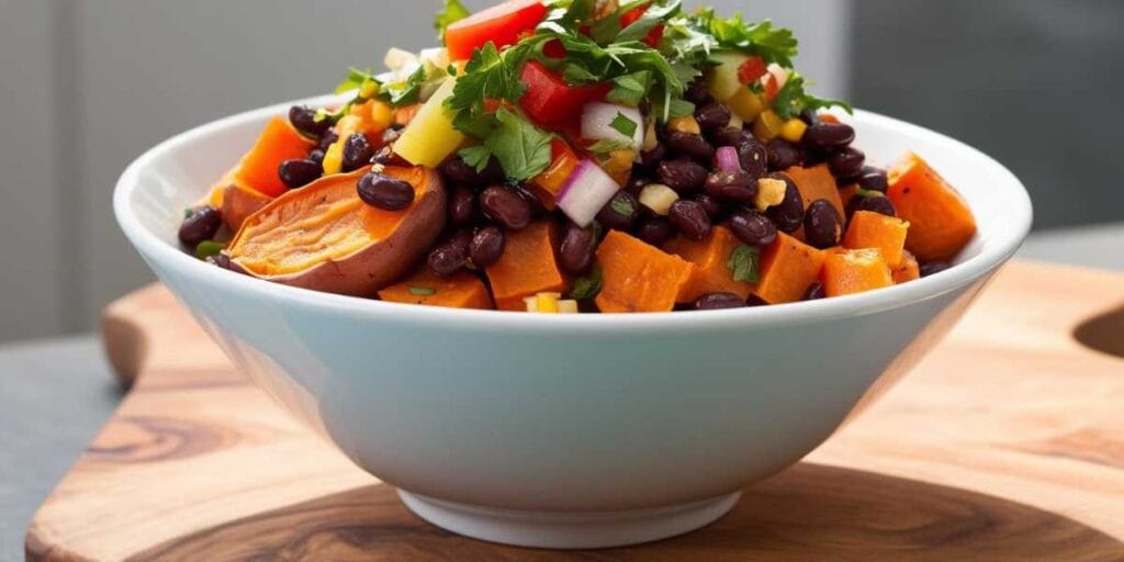 Healthy Sweet Potato & Black Bean Bowl filled with vibrant veggies and toppings.