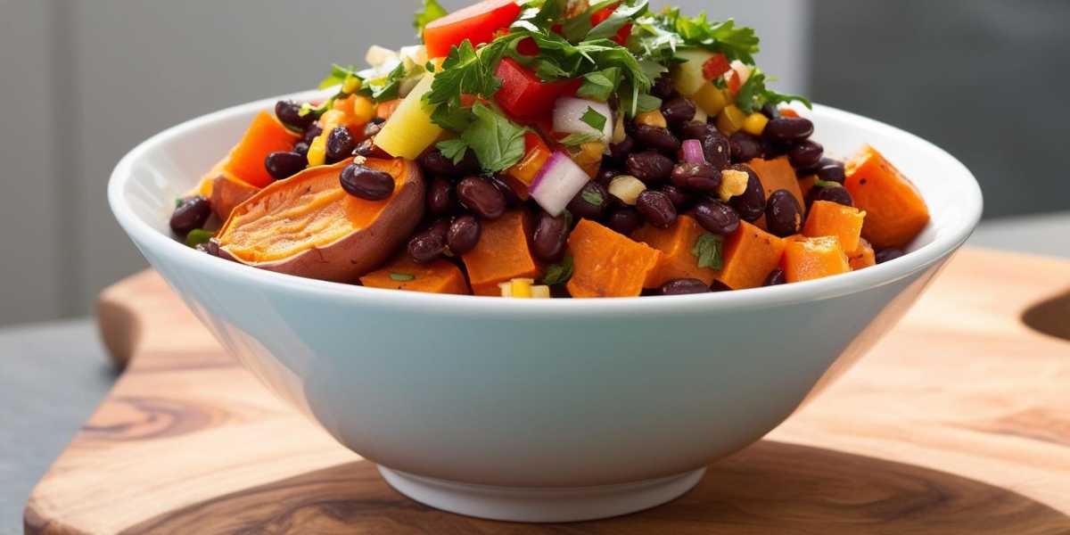 Healthy Sweet Potato & Black Bean Bowl filled with vibrant veggies and toppings.