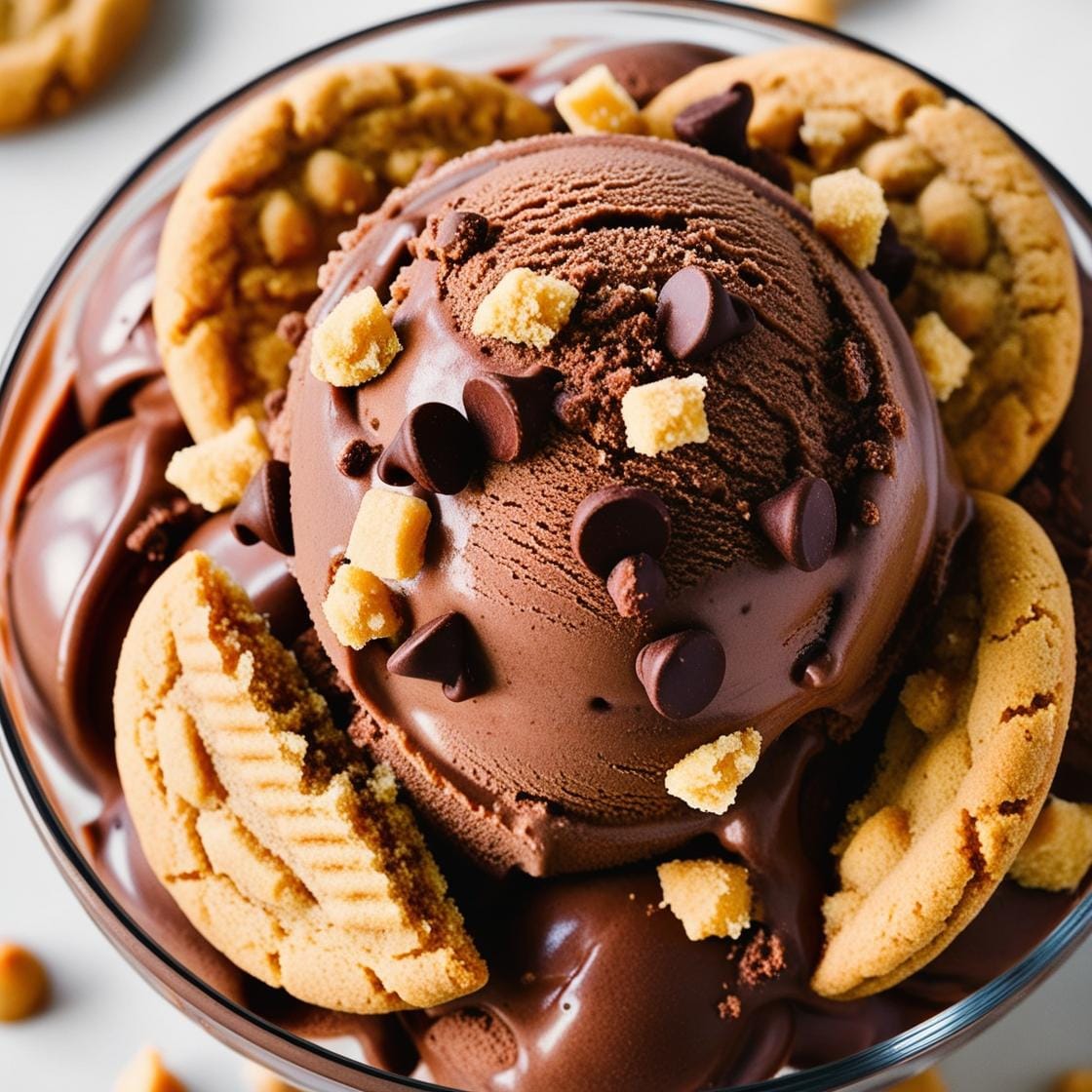 Une glace au chocolat maltée avec des toppings comme des pépites et des biscuits