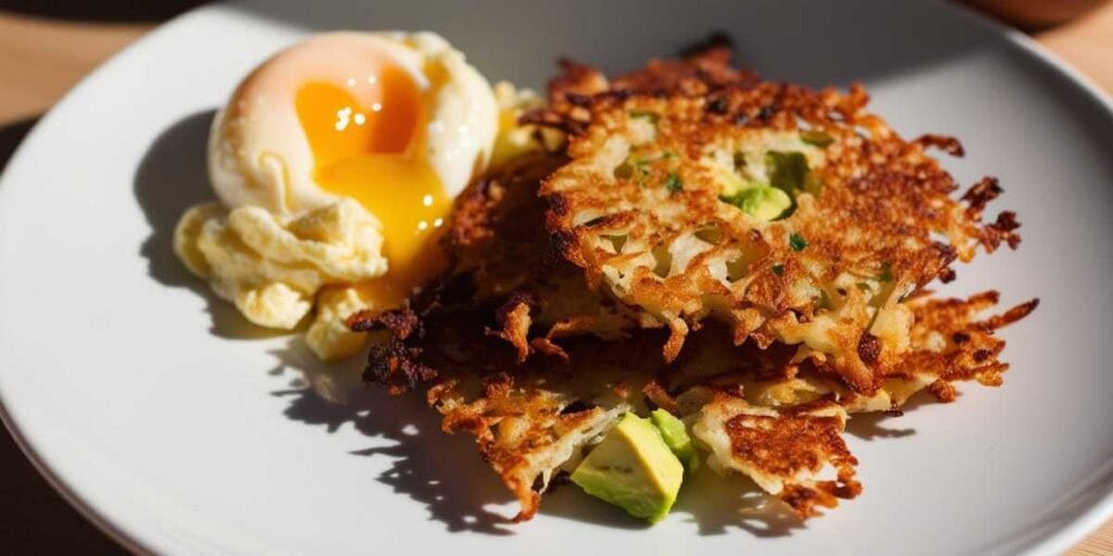 A delicious plate of Avocado Hash Browns paired with Scrambled Eggs, ideal for a healthy breakfast.