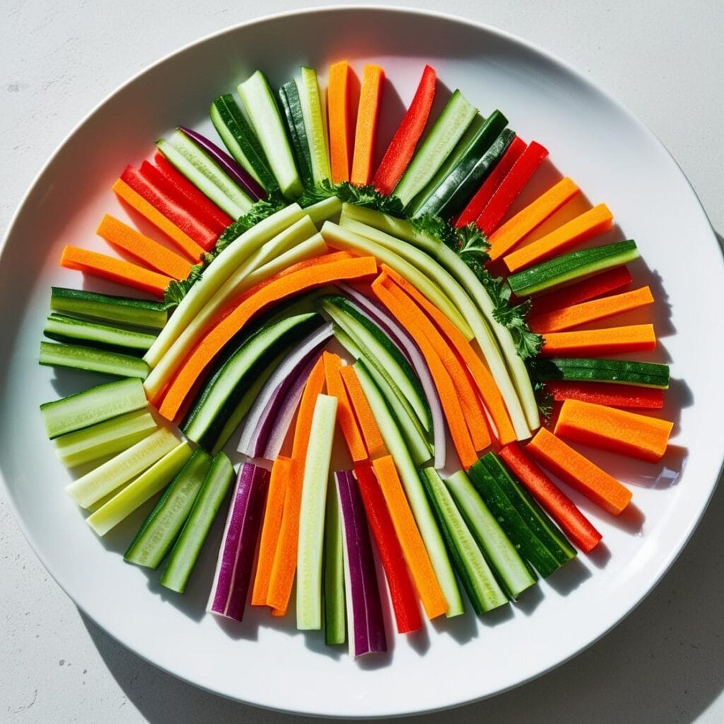 Veggie sticks arranged like a rainbow on a plate