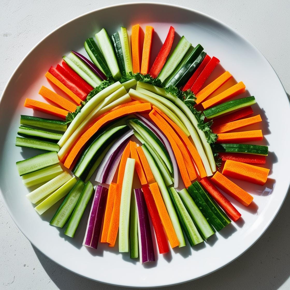 Veggie sticks arranged like a rainbow on a plate