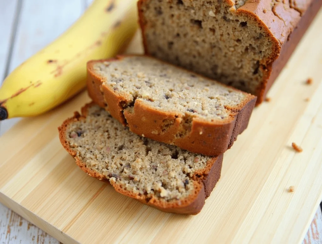 Sliced 3-Ingredient Banana Bread on a wooden cutting board, showing its soft and moist texture with a golden-brown crust.