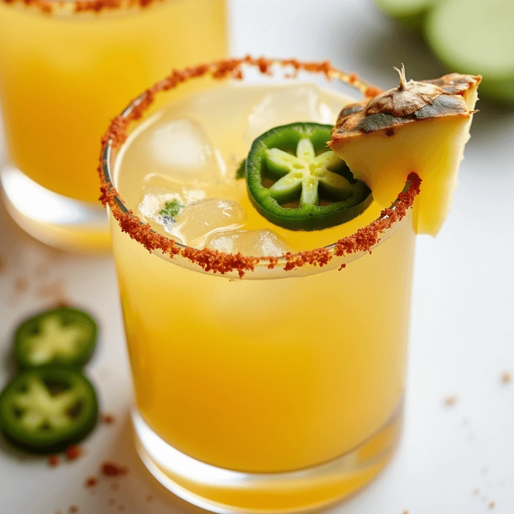 A refreshing Pineapple Jalapeno Margarita served in a glass with a salted rim, garnished with a pineapple wedge, jalapeno slices, and a sprig of fresh mint.