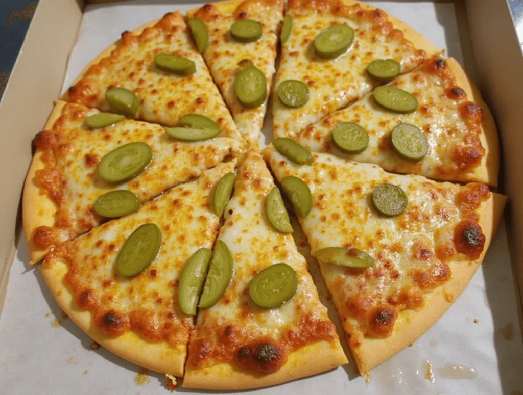 A delicious slice of Pickle Pie Pizza topped with crispy pickles, melted cheese, and a golden crust.