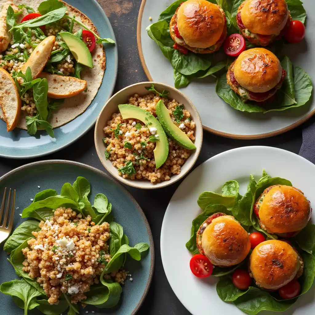 A stylish flat-lay of Jaxco's 2025 lunch menu featuring a gourmet avocado chicken wrap, zesty lemon herb quinoa salad, and smoky BBQ jackfruit sliders.