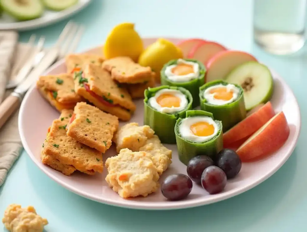 "A bright, colorful plate with a variety of easy-to-eat foods like grilled cheese, mini wraps, fruit, and chicken tenders, ideal for picky eaters."
