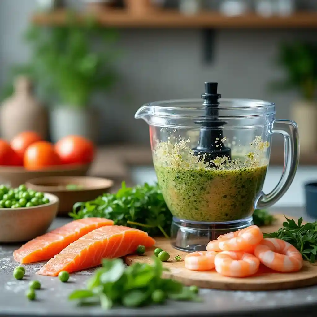 Fresh ingredients and tools for preparing a homemade fish food recipe to save money