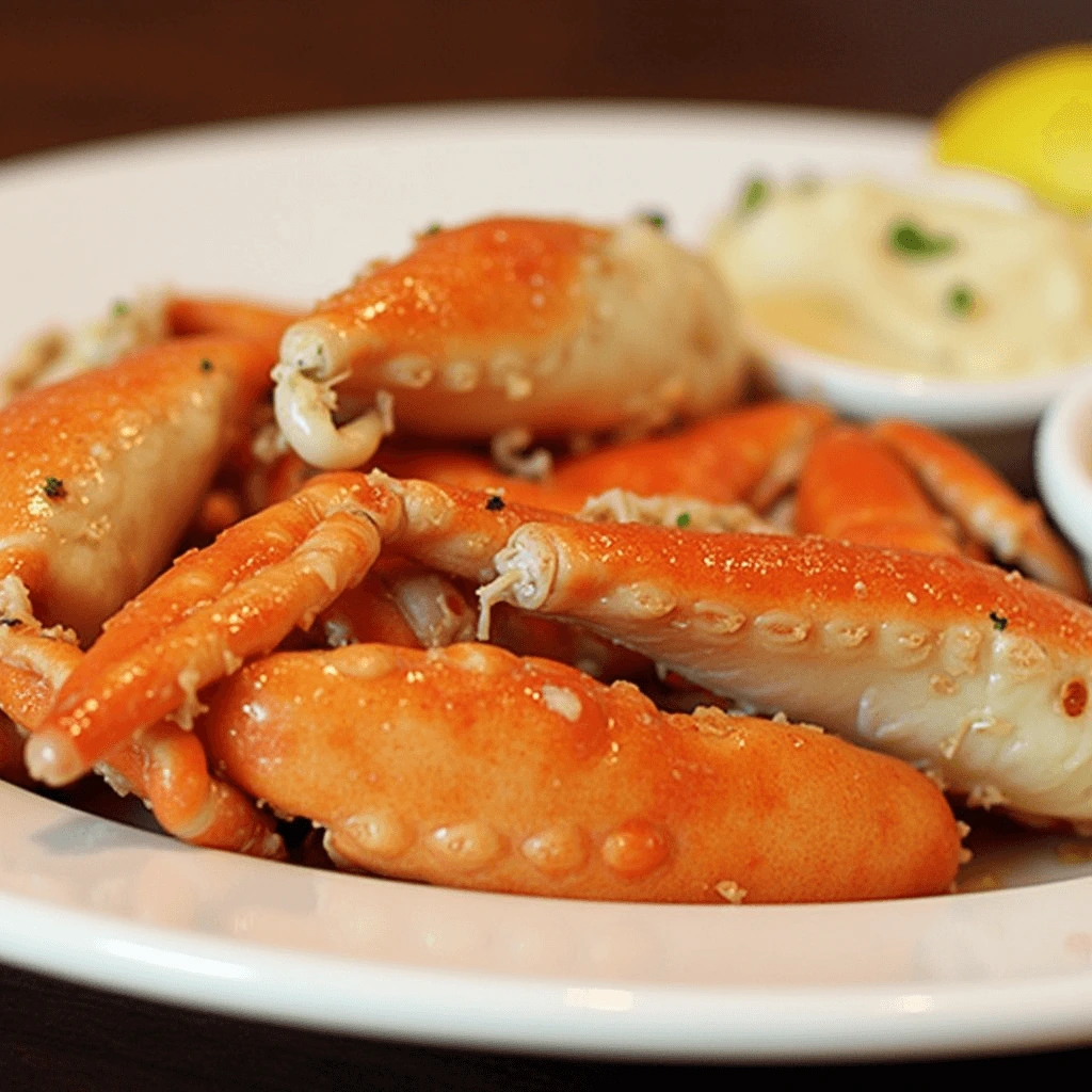 Steamed Dungeness Crab Legs served with garlic butter and lemon wedges