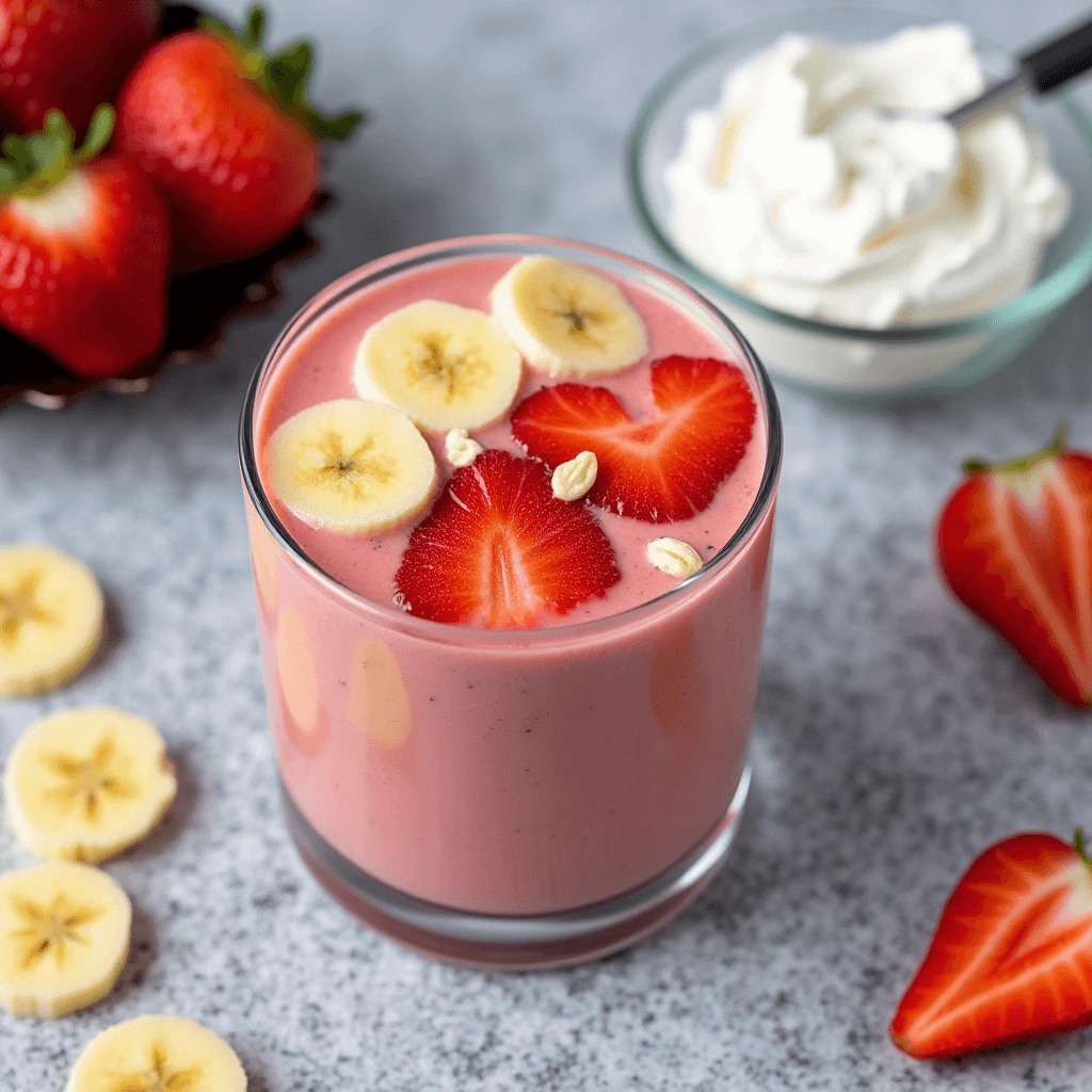 A glass of creamy Greek yogurt smoothie topped with fresh berries and a drizzle of honey.