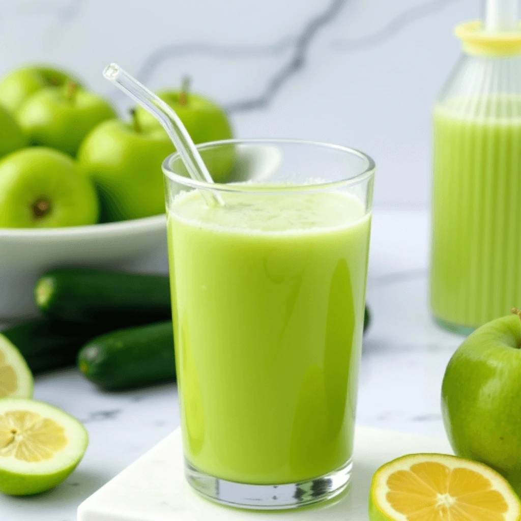 Freshly made Green Apple Juice served in a glass with green apples and a slice of lemon on the side.