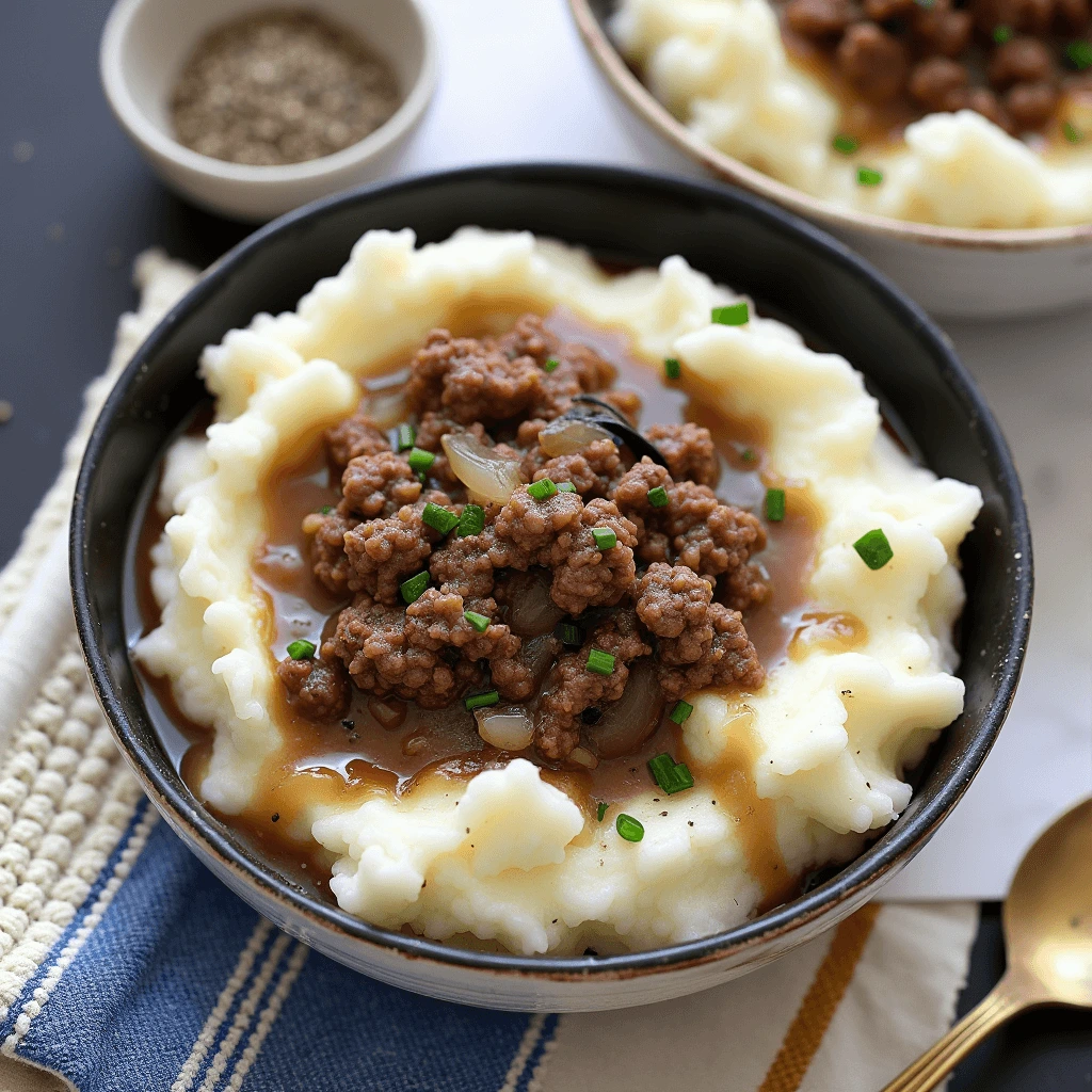 A hearty plate of ground beef and mashed potatoes, topped with rich brown gravy and garnished with fresh parsley.