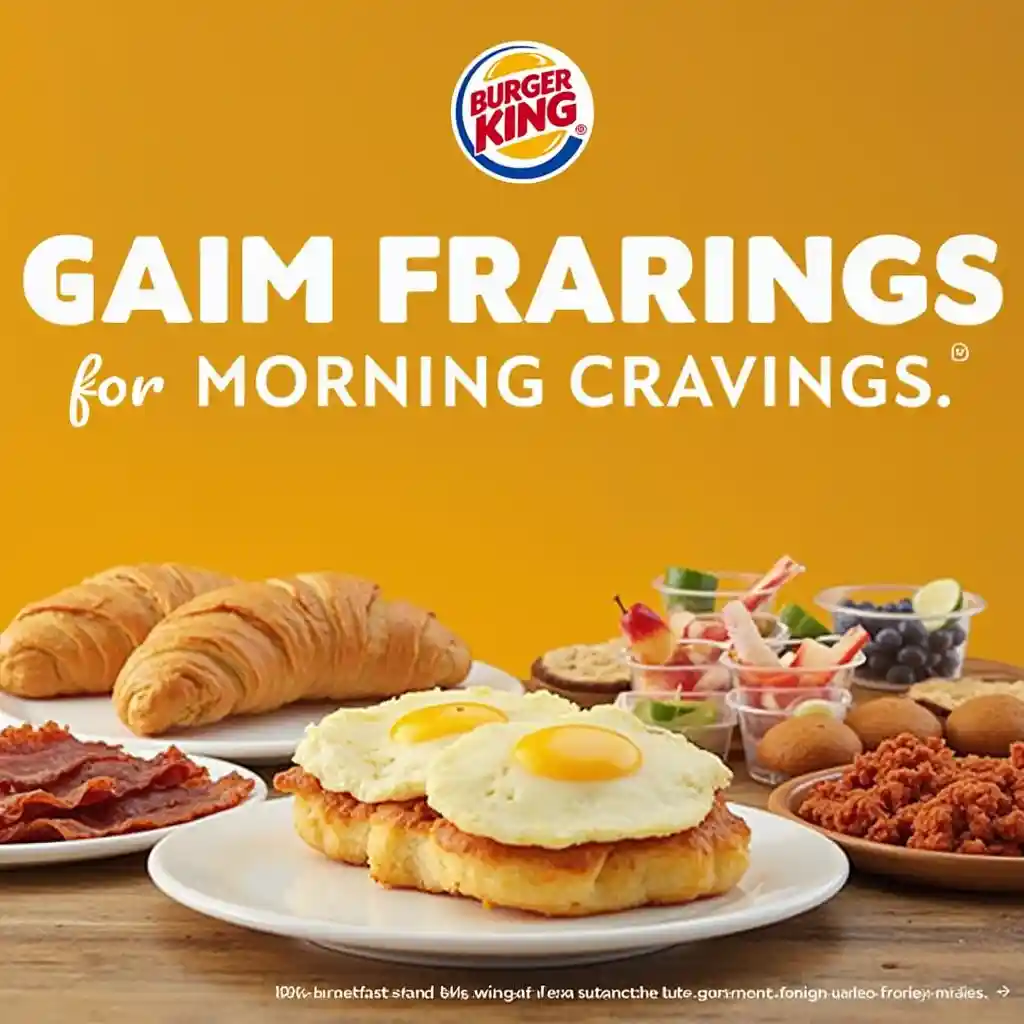 A spread of Burger King breakfast items, featuring croissants, muffins, eggs, bacon, hash browns, pancakes, and fresh fruit.