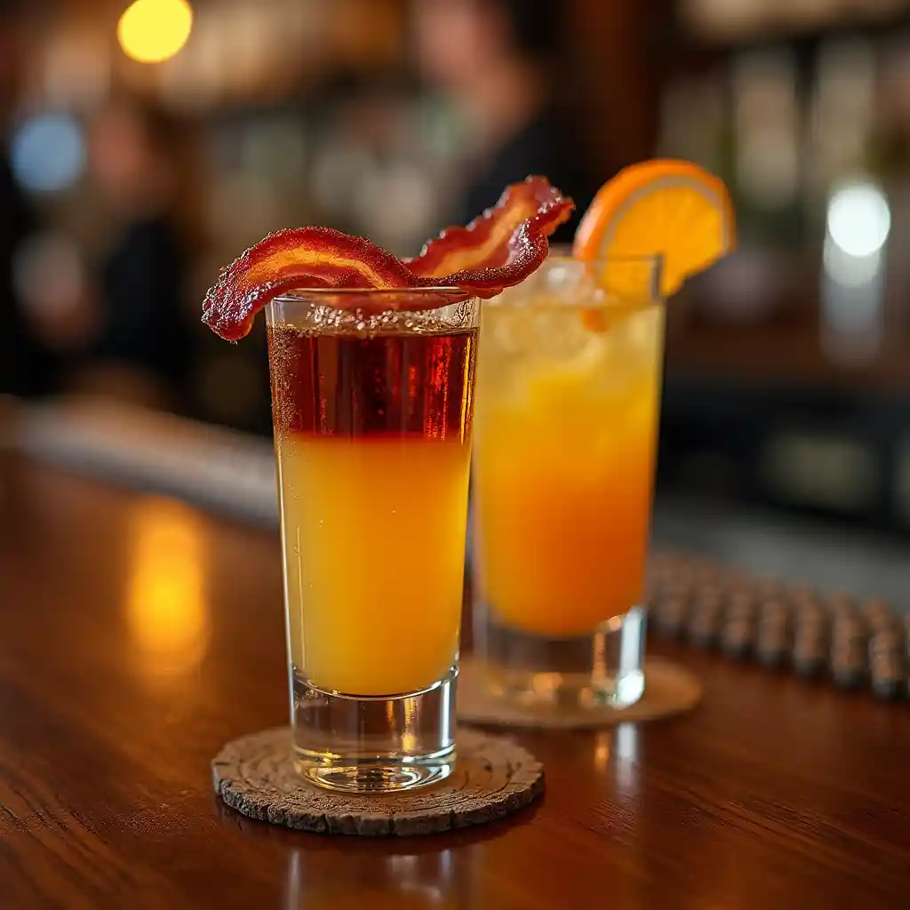 A close-up of an Irish Breakfast Shot, featuring Irish whiskey, butterscotch schnapps, and orange juice with a crispy bacon garnish