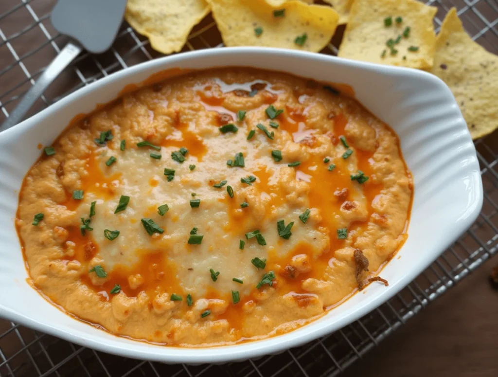 Cottage Cheese Buffalo Chicken Dip served with tortilla chips and fresh veggies