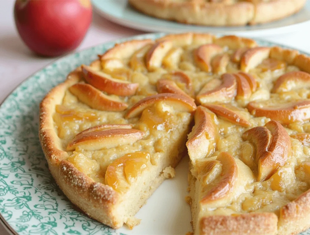 Freshly baked apple caramel clafoutis on a wooden table with caramelized apple slices and powdered sugar.