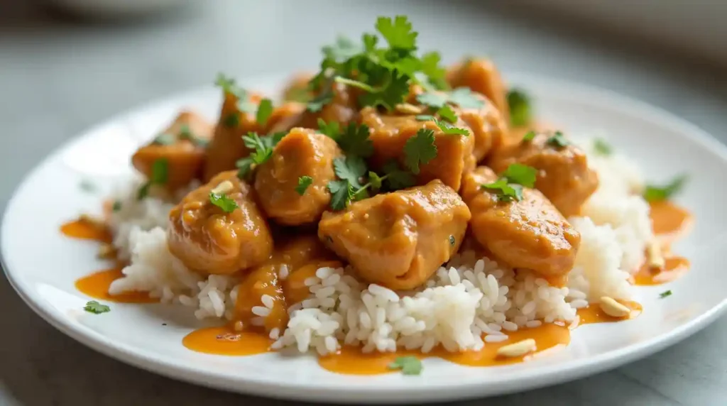 A serving of chicken with peanut butter, garnished with peanuts and cilantro on a bed of rice.