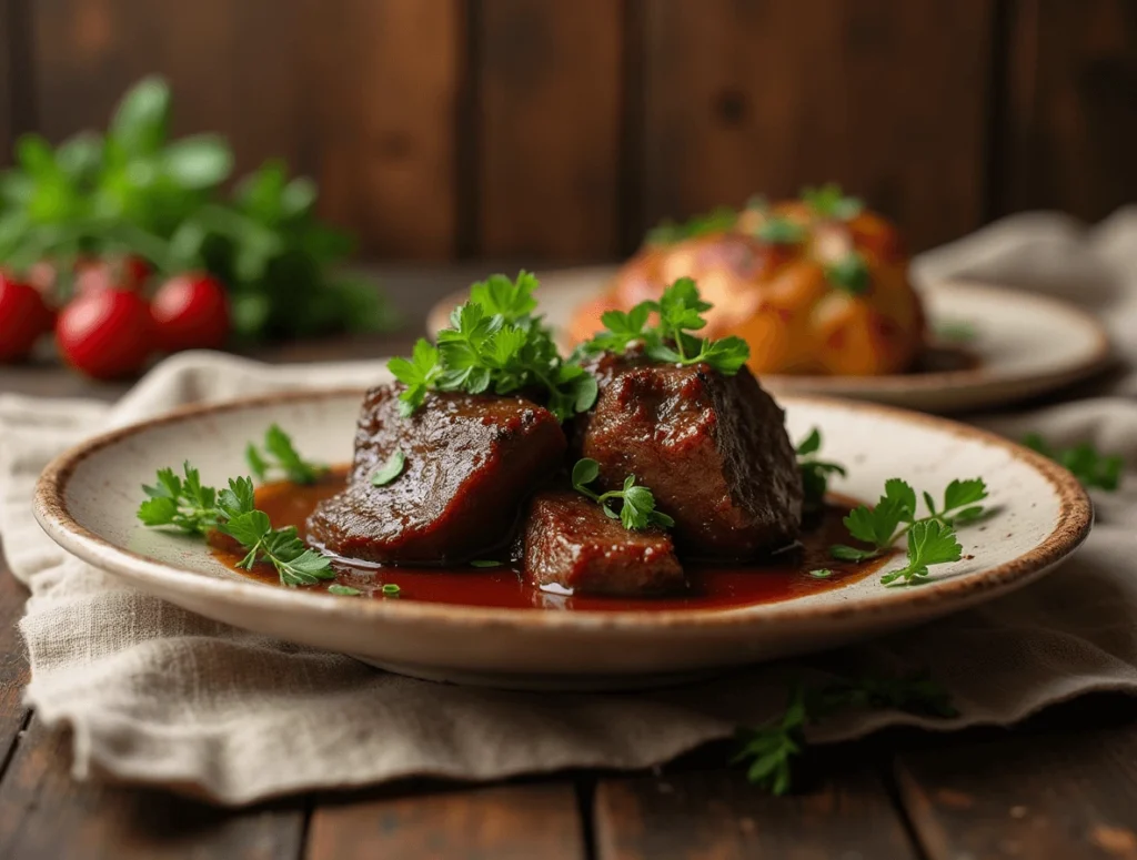 A delicious slow-cooked beef cheek meat recipe, served with rich gravy and garnished with fresh herbs.
