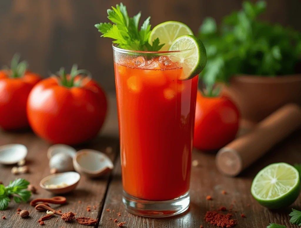 A refreshing glass of homemade Clamato Juice garnished with lime and celery, showcasing its vibrant color and fresh ingredients.