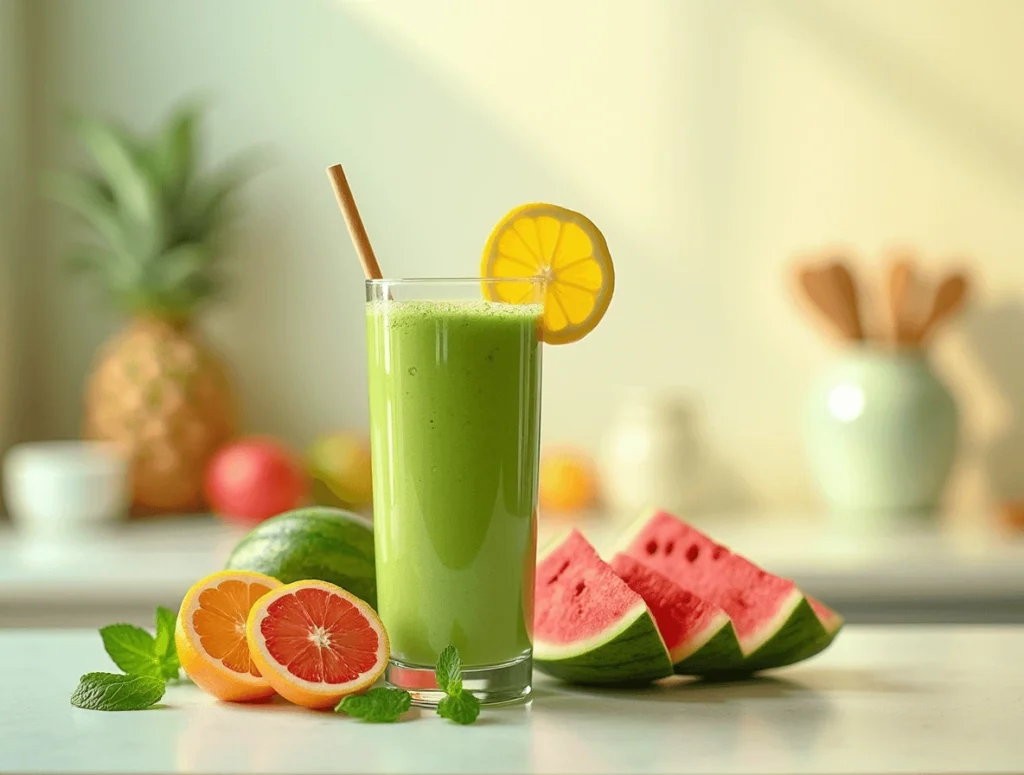 A refreshing hydrates smoothie made with watermelon, pineapple, and citrus, garnished with mint leaves and served with a bamboo straw in a bright kitchen setting