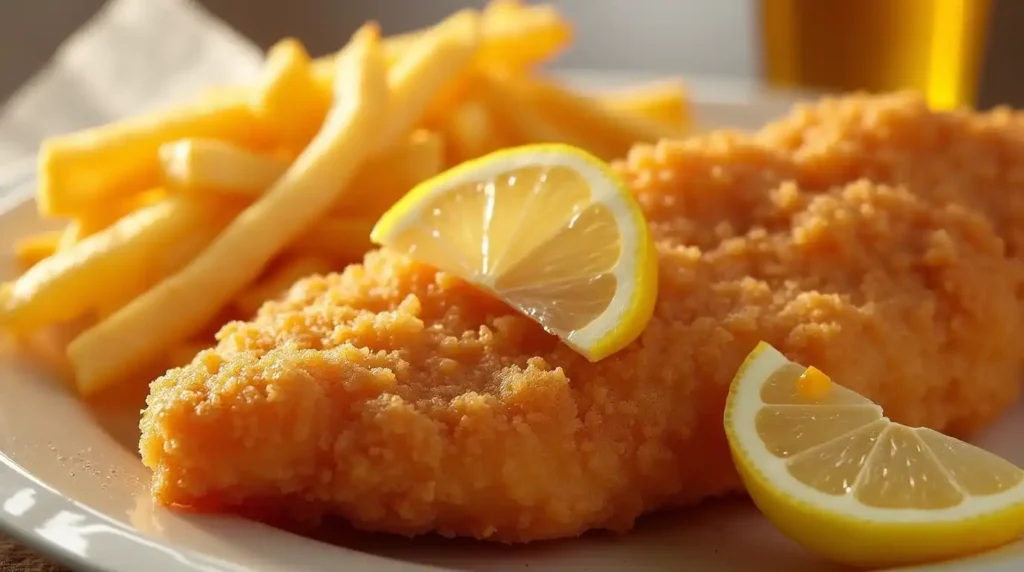 A golden-brown fish fillet coated in Long John Silvers Batter, served with crispy fries and a slice of lemon.
