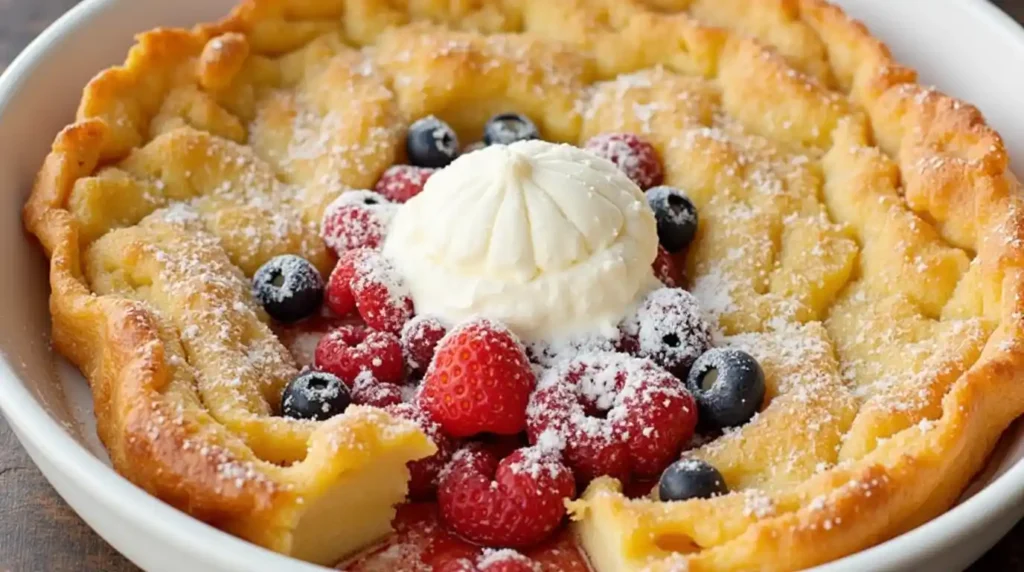 A deliciously golden and puffy Dutch Baby pancake topped with powdered sugar, fresh berries, and a drizzle of syrup, served as a perfect breakfast treat.