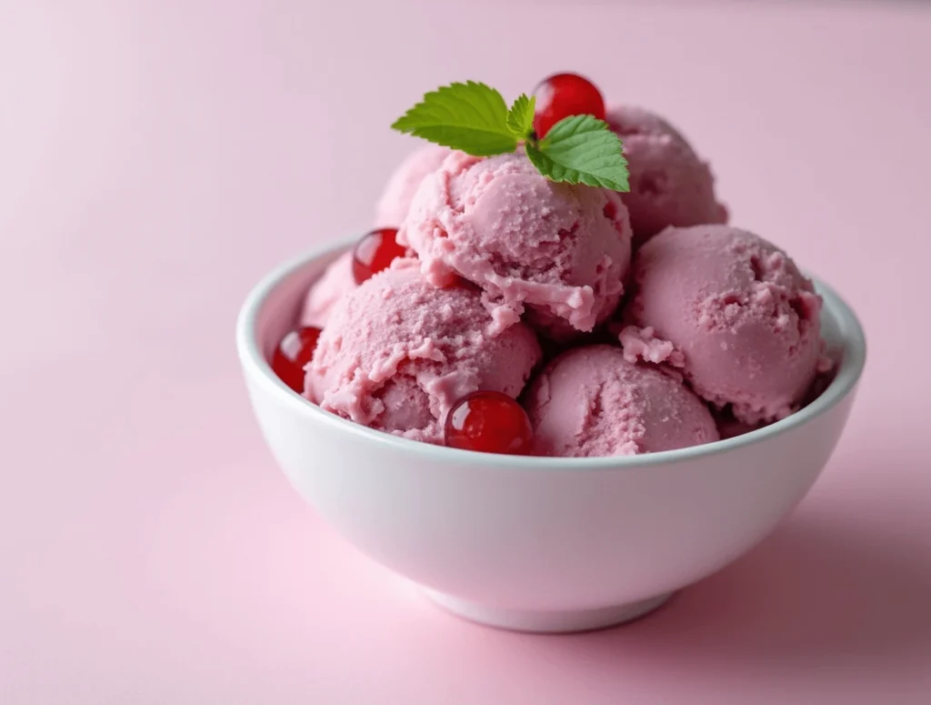 A bowl of homemade grape ice cream topped with fresh grape halves and mint leaves, showcasing a creamy and refreshing treat.