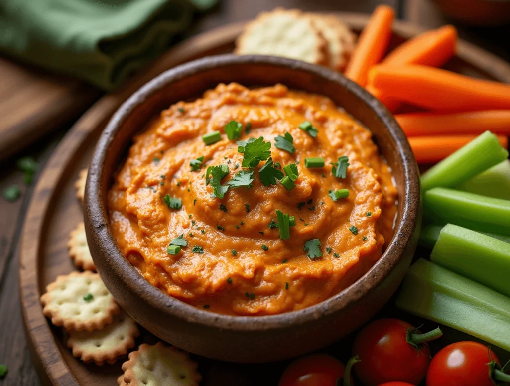 High Protein Buffalo Chicken Dip served in a rustic bowl with fresh veggies and crackers