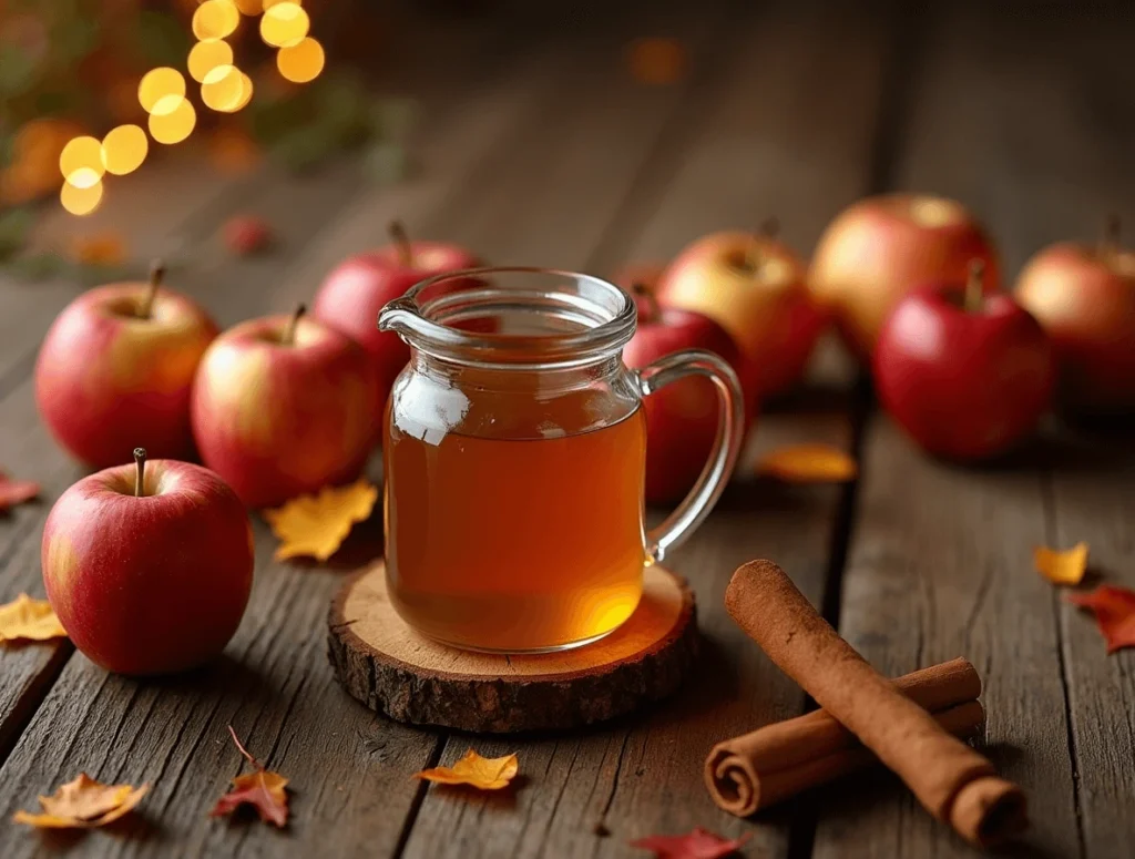A glass of Apple Cider Martini garnished with a cinnamon stick and an apple slice, set on a rustic wooden table with fall-themed decorations.