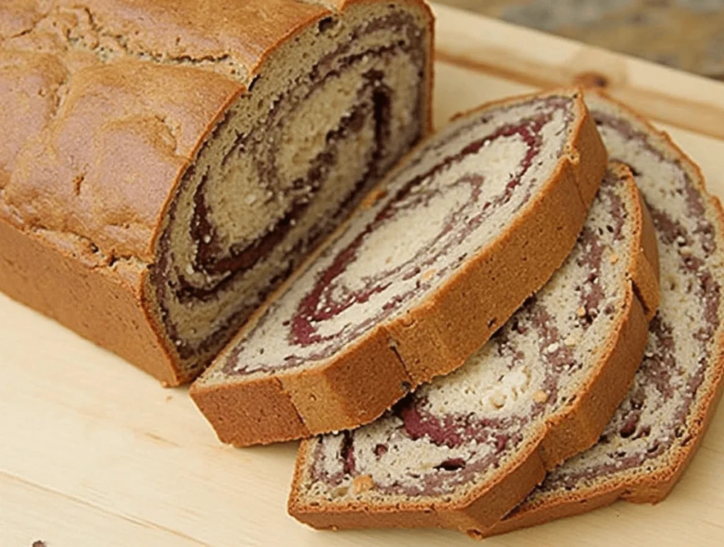 A freshly baked loaf of marble rye bread showcasing its beautiful swirl of dark and light dough, with a crispy crust and inviting texture.