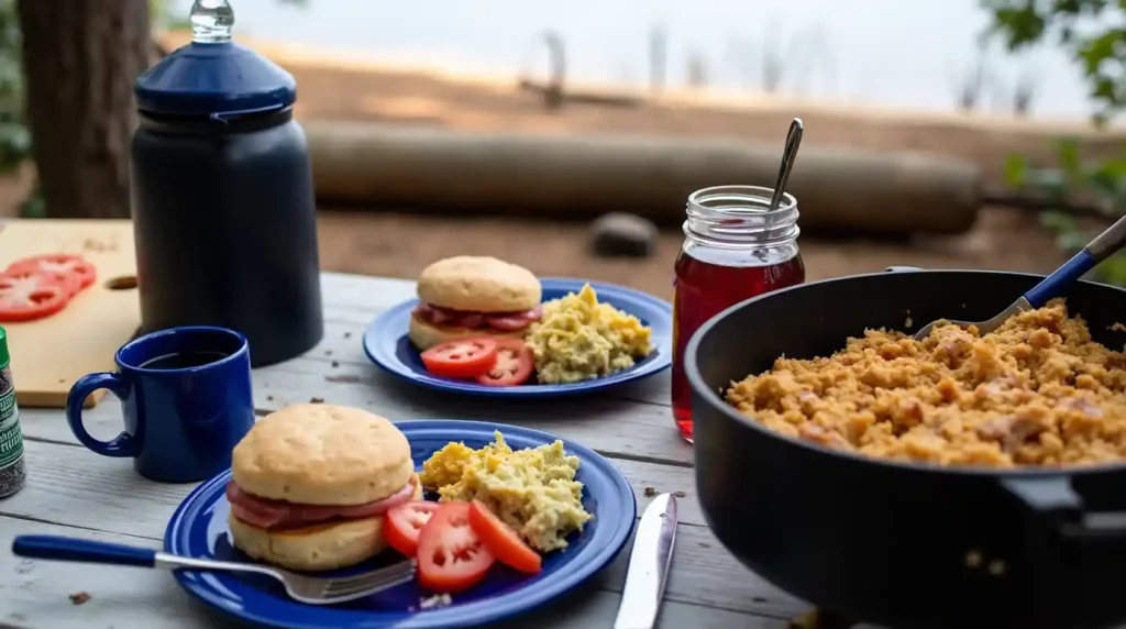 A sizzling Mountain Man Breakfast in a cast iron Dutch oven, featuring golden hash browns, crispy bacon, browned sausage, melted cheese, and eggs.