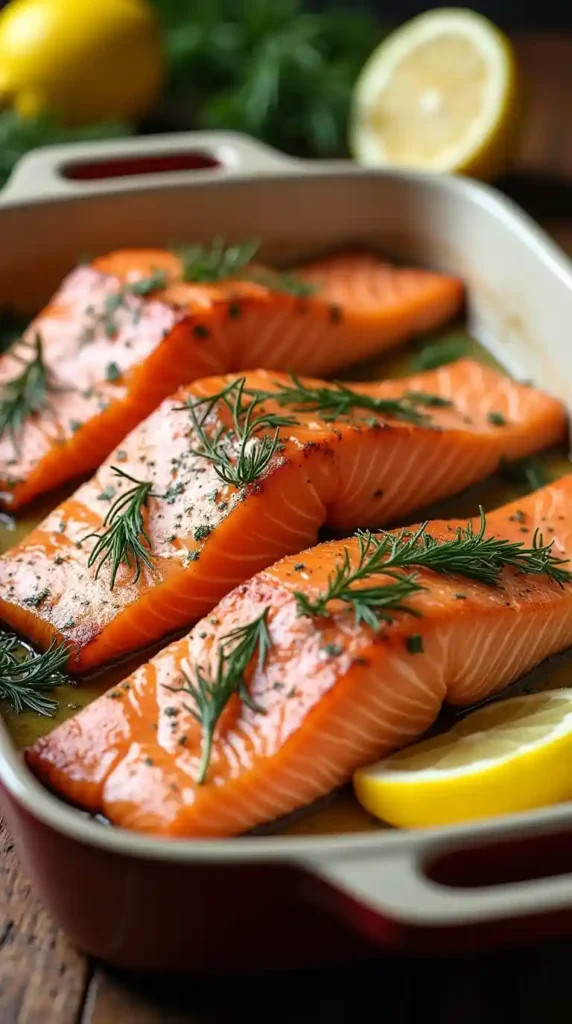 Baked Lemon Dill Salmon served with a fresh garnish of lemon slices, dill, and a drizzle of garlic butter sauce for a flavorful, healthy meal.