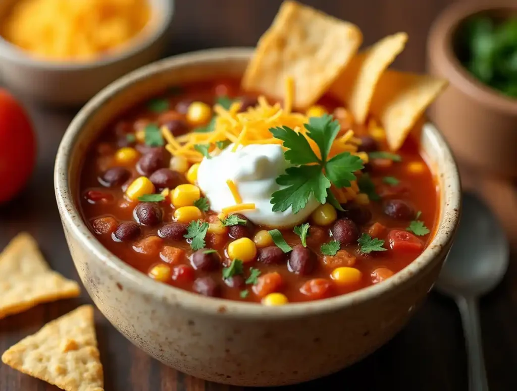 Bowl of Taco Soup Frios topped with tortilla strips, sour cream, cilantro, and cheese