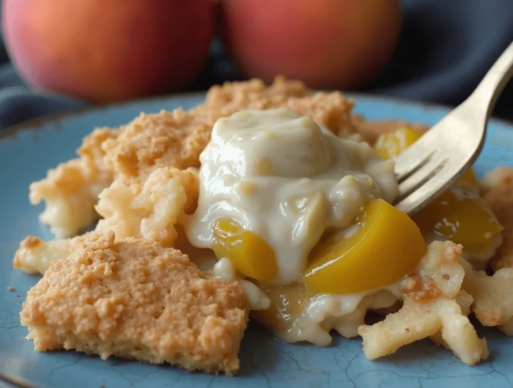 Finished 4-Ingredient Peach Cobbler served with vanilla ice cream