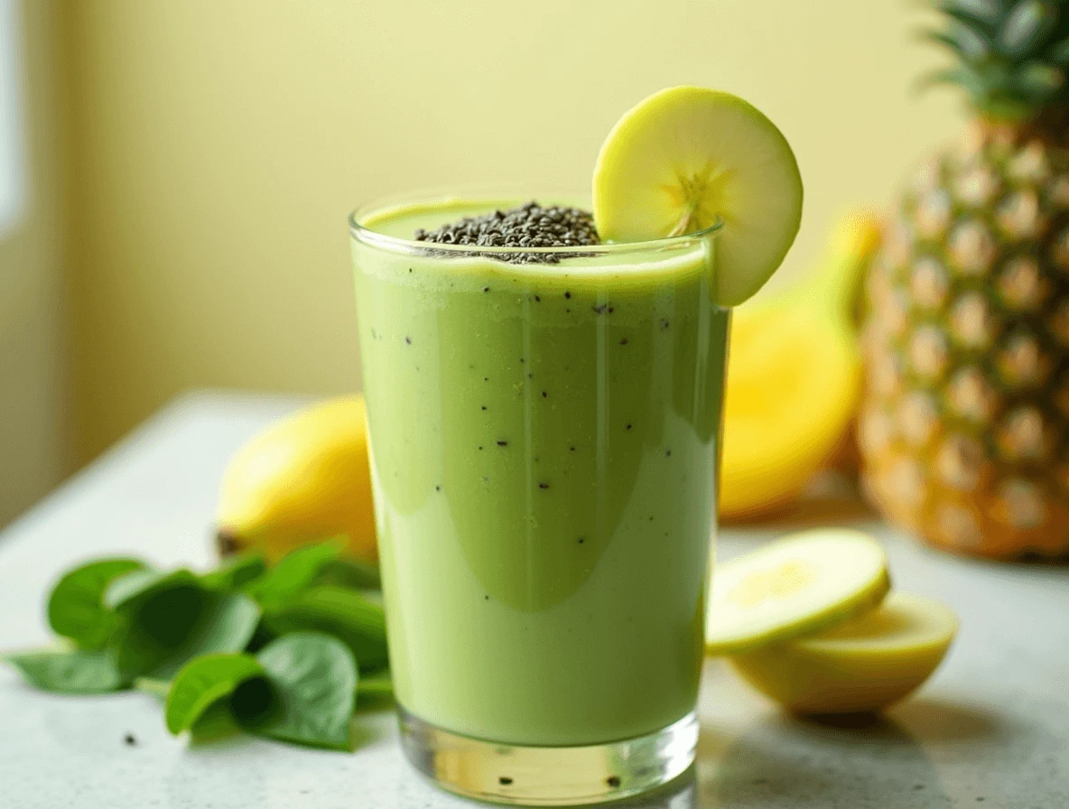 A tall glass of vibrant green smoothie garnished with apple slices and chia seeds, surrounded by fresh spinach and banana.