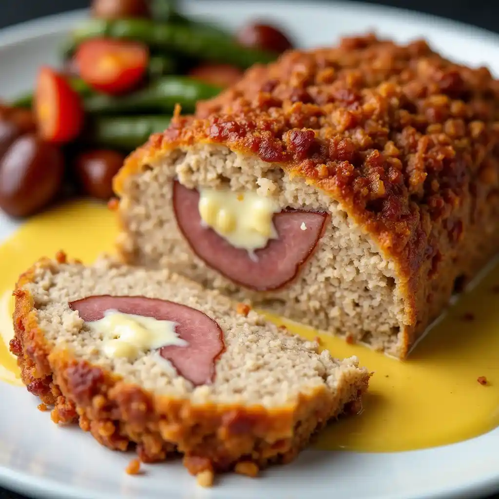 A delicious and tender chicken cordon bleu meatloaf, featuring ground chicken, smoked ham, and melted cheese, topped with a golden, crispy crust.