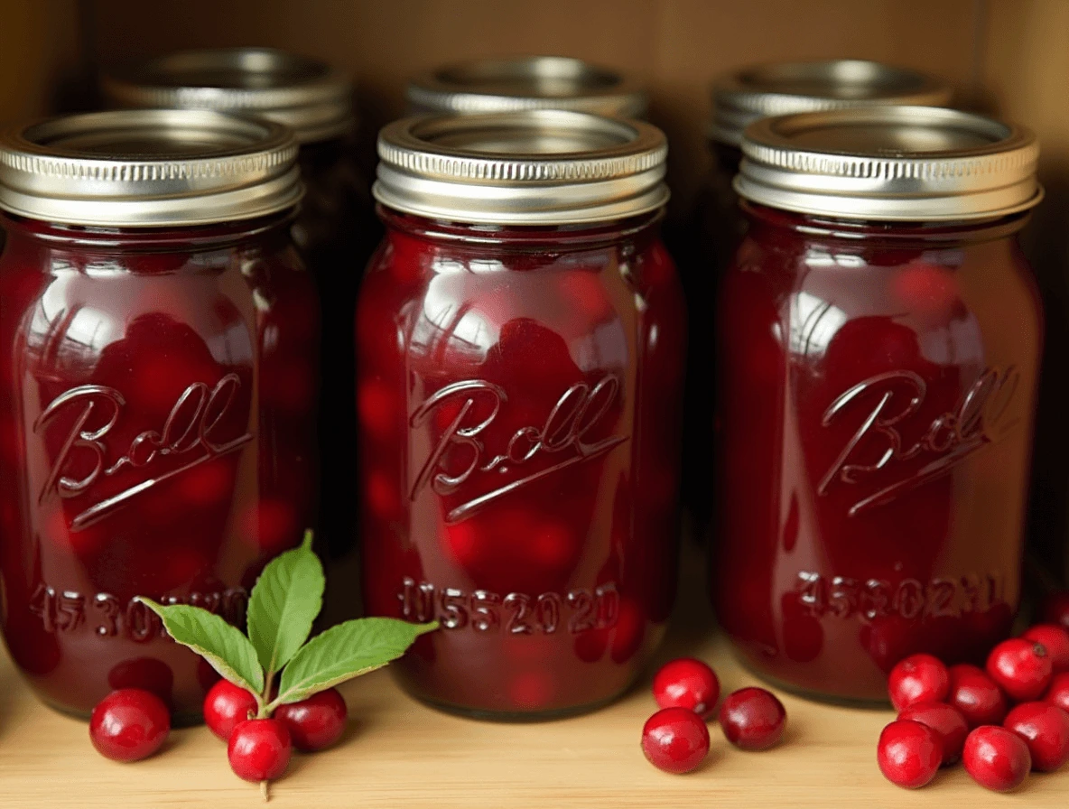 Sealed mason jars filled with homemade canning cranberry juice, neatly stored on a wooden shelf with fresh cranberries beside them.