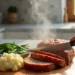 A freshly baked, juicy meatloaf sliced on a wooden cutting board, served with mashed potatoes and green beans in a bright, welcoming kitchen.