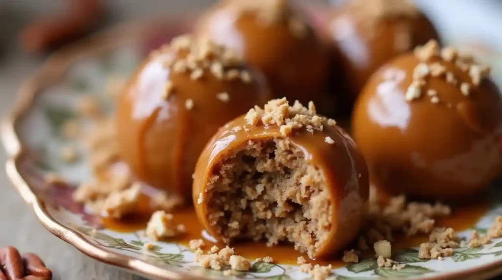 Close-up shot of pecan pie balls with rich caramel flavor, coated in caramel glaze and sprinkled with crushed pecans.