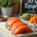 "Fresh salmon sashimi slices arranged on marble plate with soy sauce, wasabi and pickled ginger, styled in a bright modern kitchen with wooden cutting board and fresh herbs - easy homemade Japanese recipe"